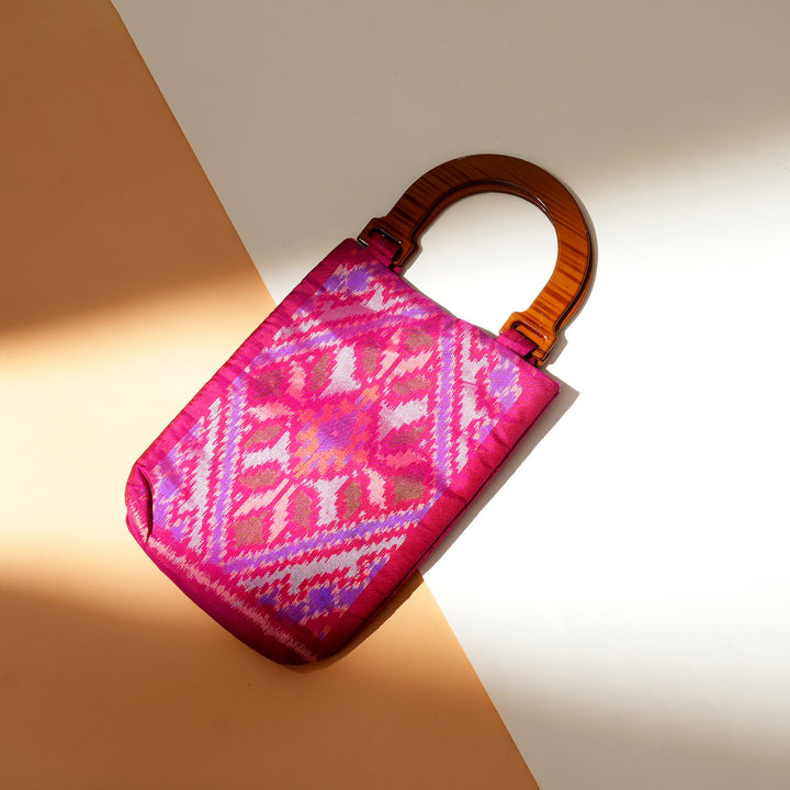 Handcrafted Ikat Blue Carry Bag with Wooden Handle | Traditional Elegance in a Modern Form