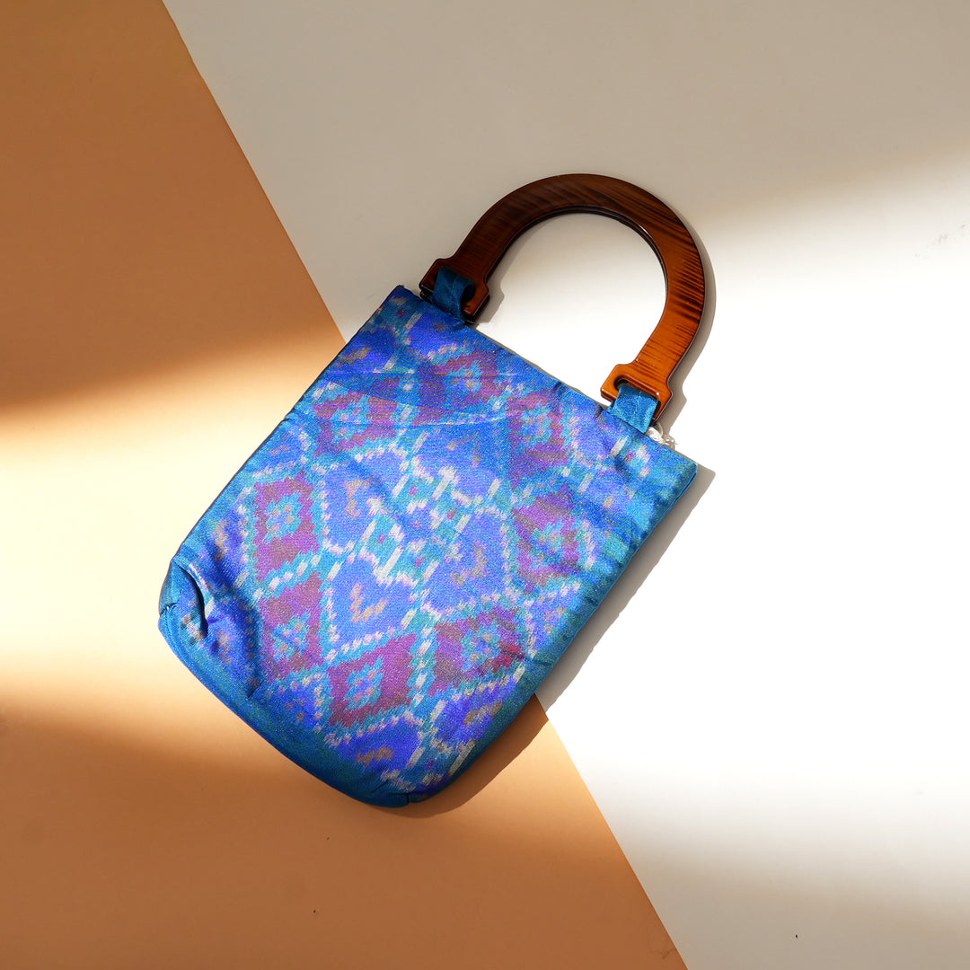 Artisanal Patola Silk Fabric Carry Bag - Blue Ikat Handwoven Tote