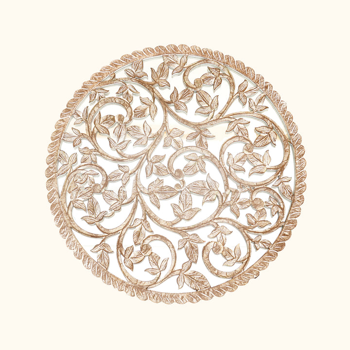 Wall Art | Round Wood Handcarved Wall Panel with Mirror, 36"