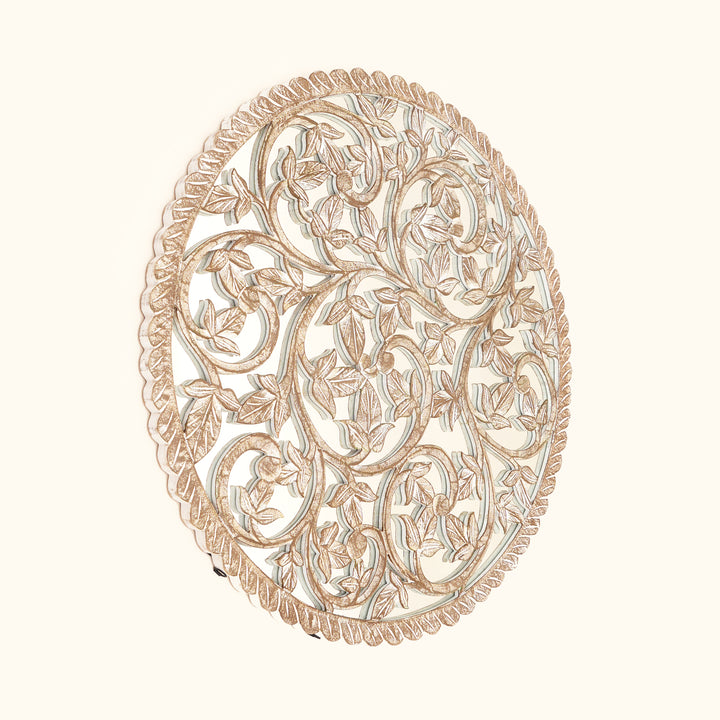 Wall Art | Round Wood Handcarved Wall Panel with Mirror, 36"