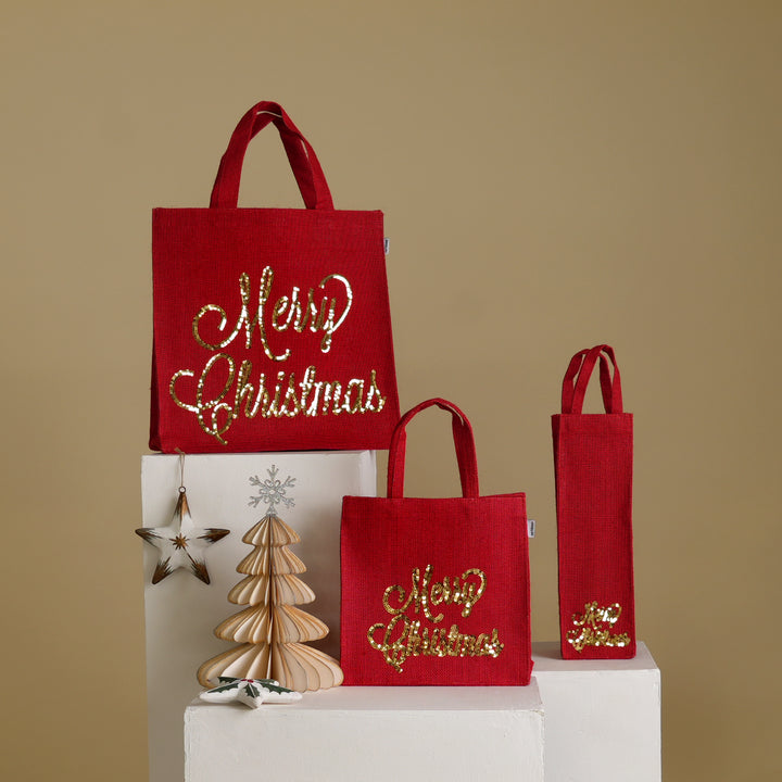 Christmas Gift Bag | Laminated Jute Bag with Sequins Design | Red & Golden