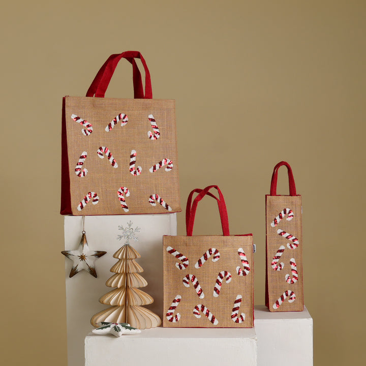 Christmas Gift Bag | Laminated Jute Bag with Sequins Design | Red & Natural
