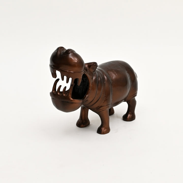 Decorative Happy Hippo Aluminum Figurine with Copper Antique Finish, 14x7x11.5" | Unique Animal Sculpture