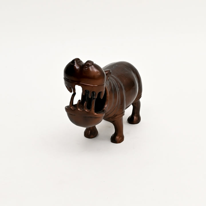Decorative Happy Hippo Aluminum Figurine with Copper Antique Finish, 14x7x11.5" | Unique Animal Sculpture