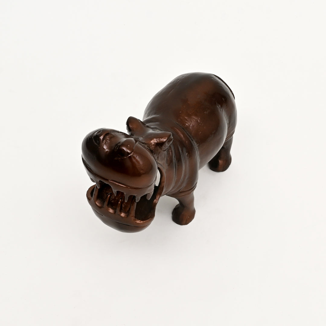 Decorative Happy Hippo Aluminum Figurine with Copper Antique Finish, 14x7x11.5" | Unique Animal Sculpture