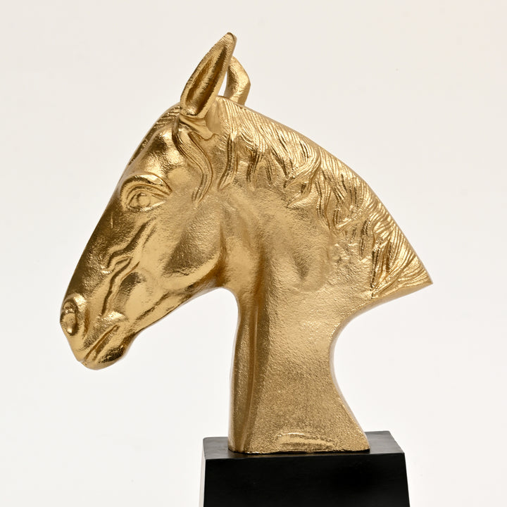 Graceful Gold Polished Aluminum Horse Sculpture on Black Base – 10x6x10.75" | Table Décor Animal Figurine