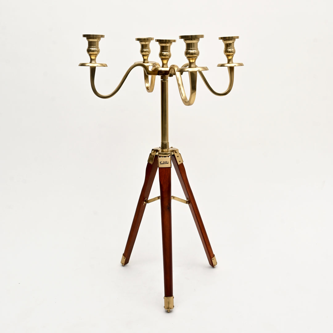 Elegant Tripod Candle Holder – Gold Polished Aluminum with Wood Detailing (17x17x31")