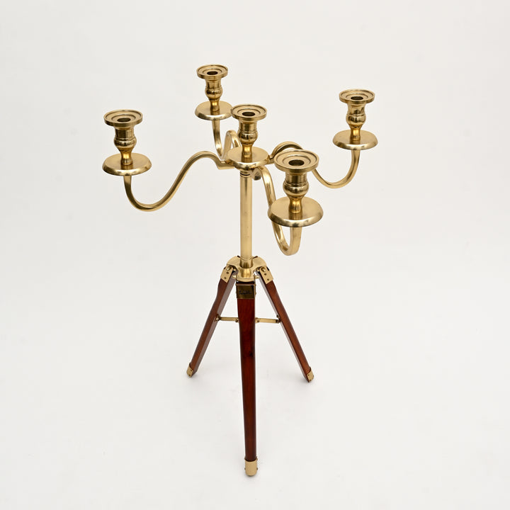 Elegant Tripod Candle Holder – Gold Polished Aluminum with Wood Detailing (17x17x31")