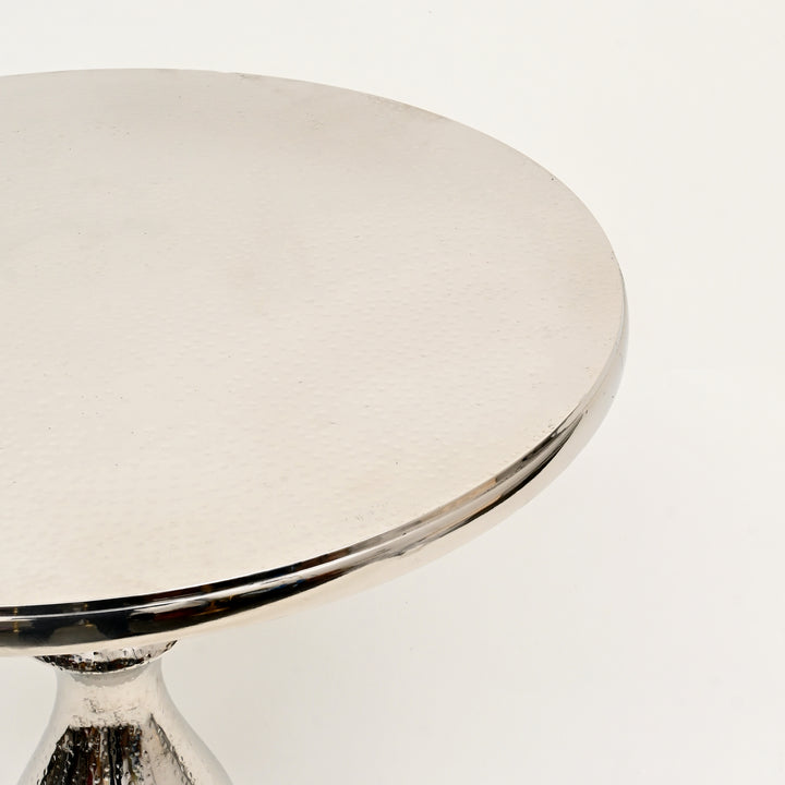Decorative Nickel Finished Aluminum Hammered  Accent Table with Glass Top – 20X20X25.5"| Unique Side Table