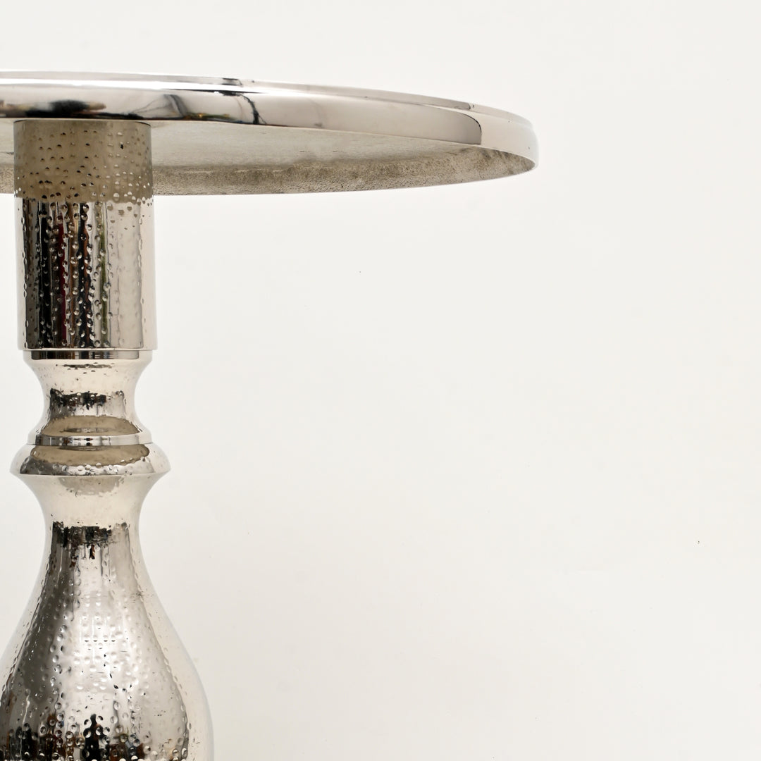 Decorative Nickel Finished Aluminum Hammered  Accent Table with Glass Top – 20X20X25.5"| Unique Side Table