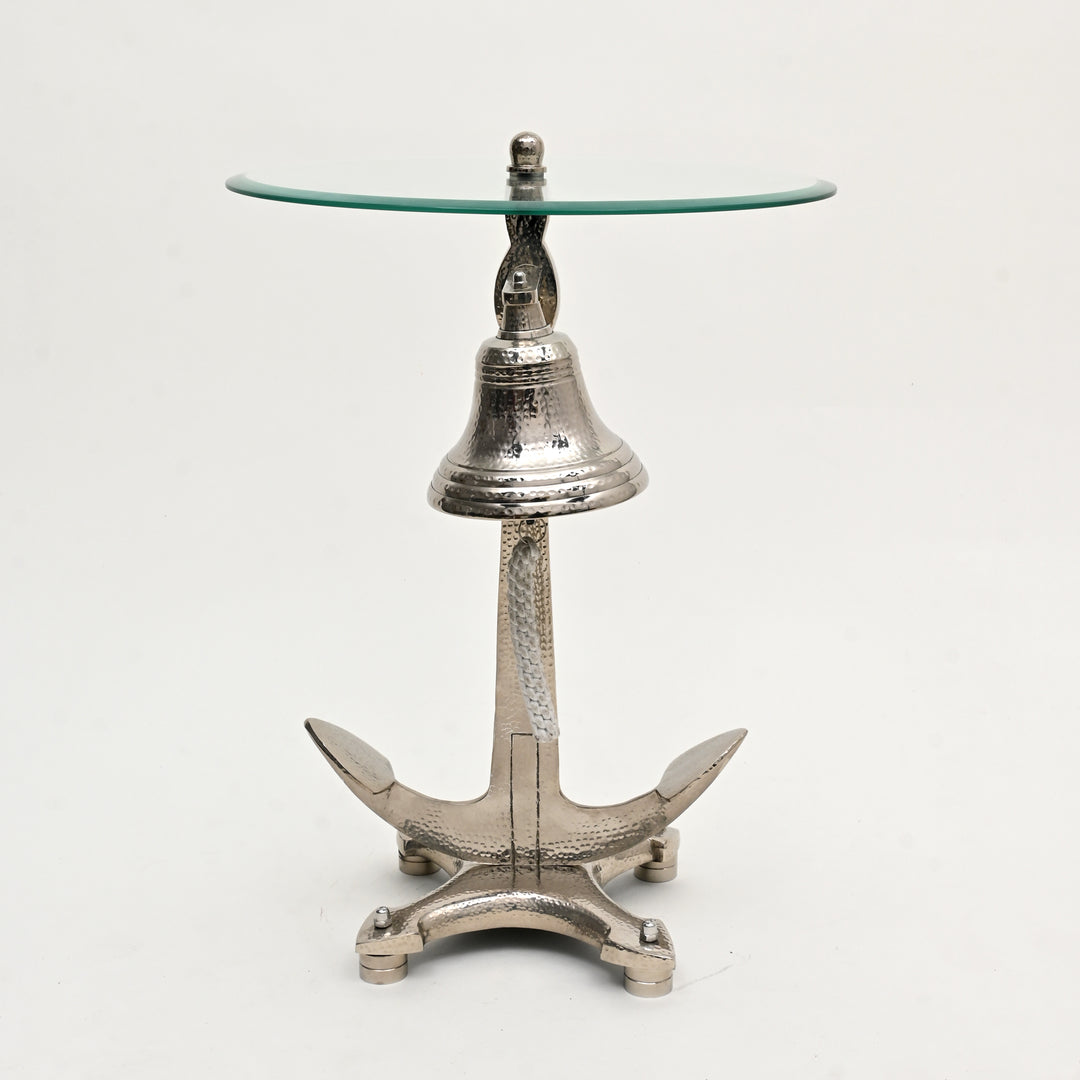 Decorative Nickel Finished Aluminum Classic Bell Accent Table with Glass Top – 18x18x24"| Unique Side Table