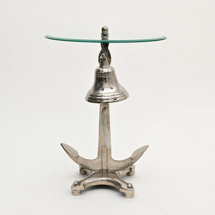 Decorative Nickel Finished Aluminum Classic Bell Accent Table with Glass Top – 18x18x24"| Unique Side Table