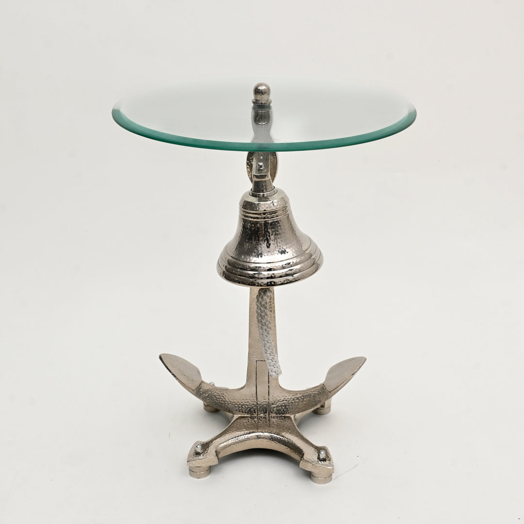 Decorative Nickel Finished Aluminum Classic Bell Accent Table with Glass Top – 18x18x24"| Unique Side Table