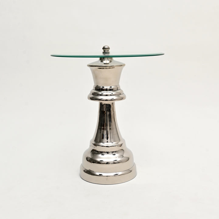 Decorative Nickel Finished Aluminum Queen Pedestal Accent Table with Glass Top – 18x18x21"| Unique Side Table