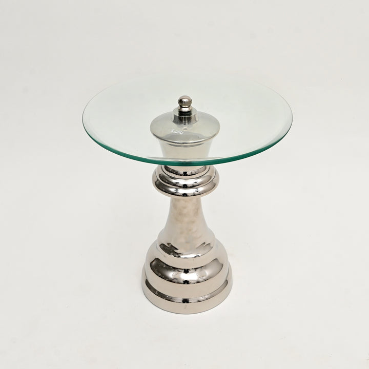 Decorative Nickel Finished Aluminum Queen Pedestal Accent Table with Glass Top – 18x18x21"| Unique Side Table