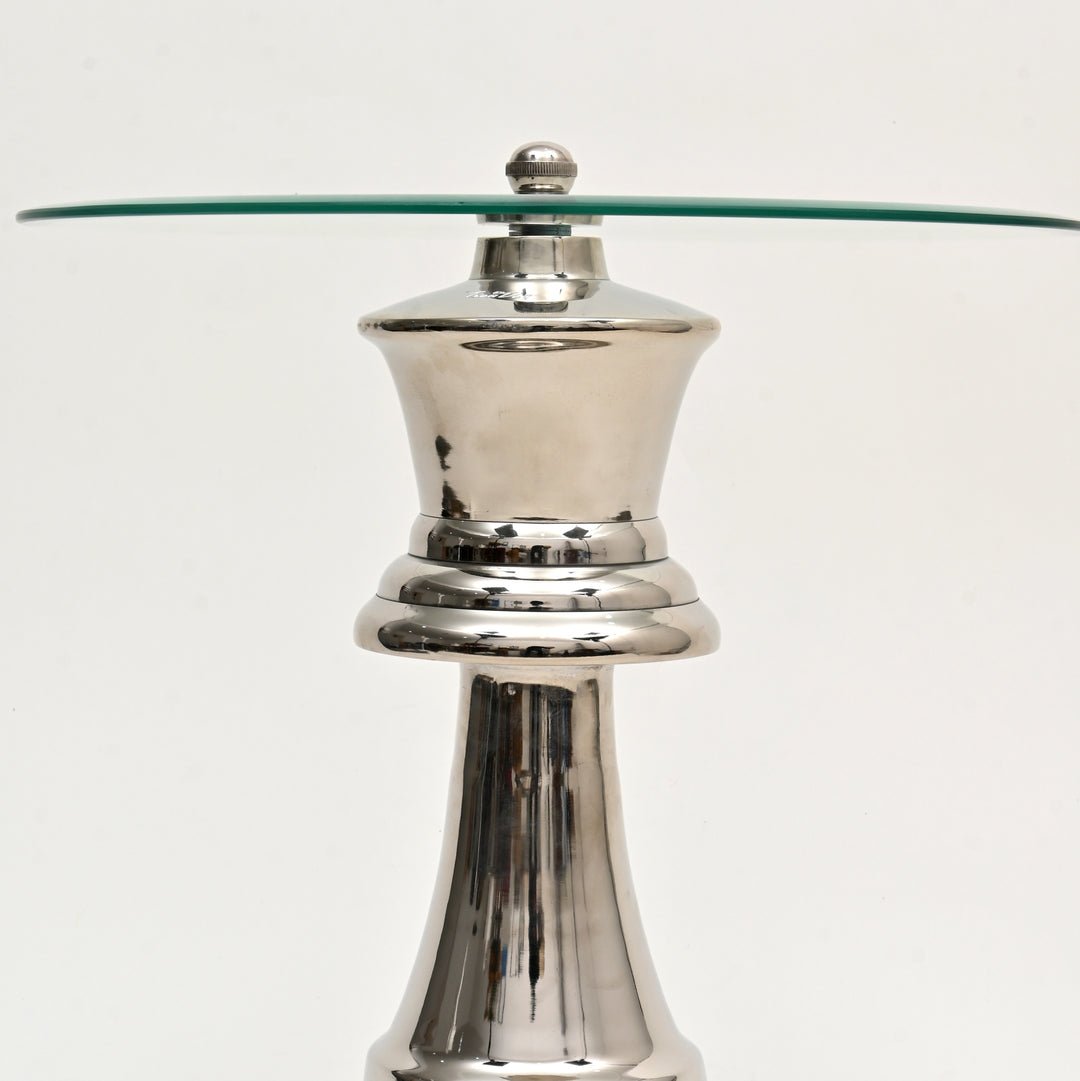 Decorative Nickel Finished Aluminum Queen Pedestal Accent Table with Glass Top – 18x18x21"| Unique Side Table
