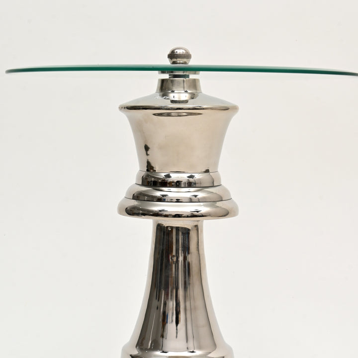 Decorative Nickel Finished Aluminum Queen Pedestal Accent Table with Glass Top – 18x18x21"| Unique Side Table