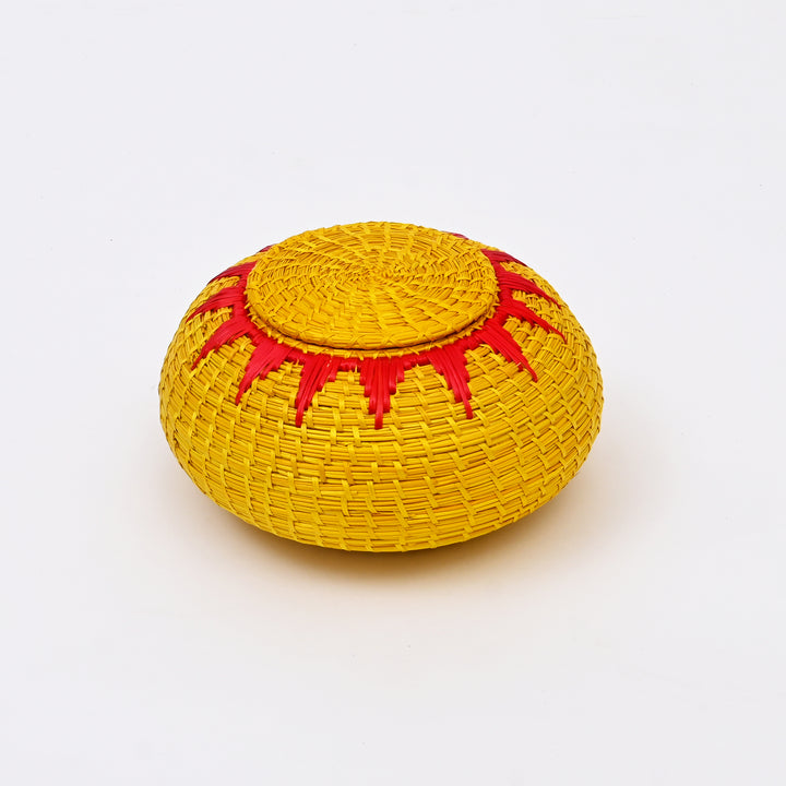 Handcrafted Sikki Grass Box | Golden Yellow with Red Flame Design