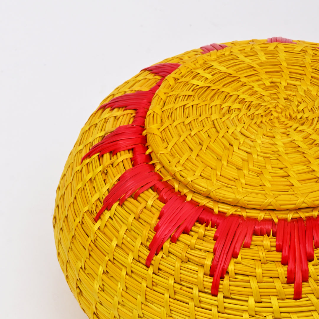 Handcrafted Sikki Grass Box | Golden Yellow with Red Flame Design