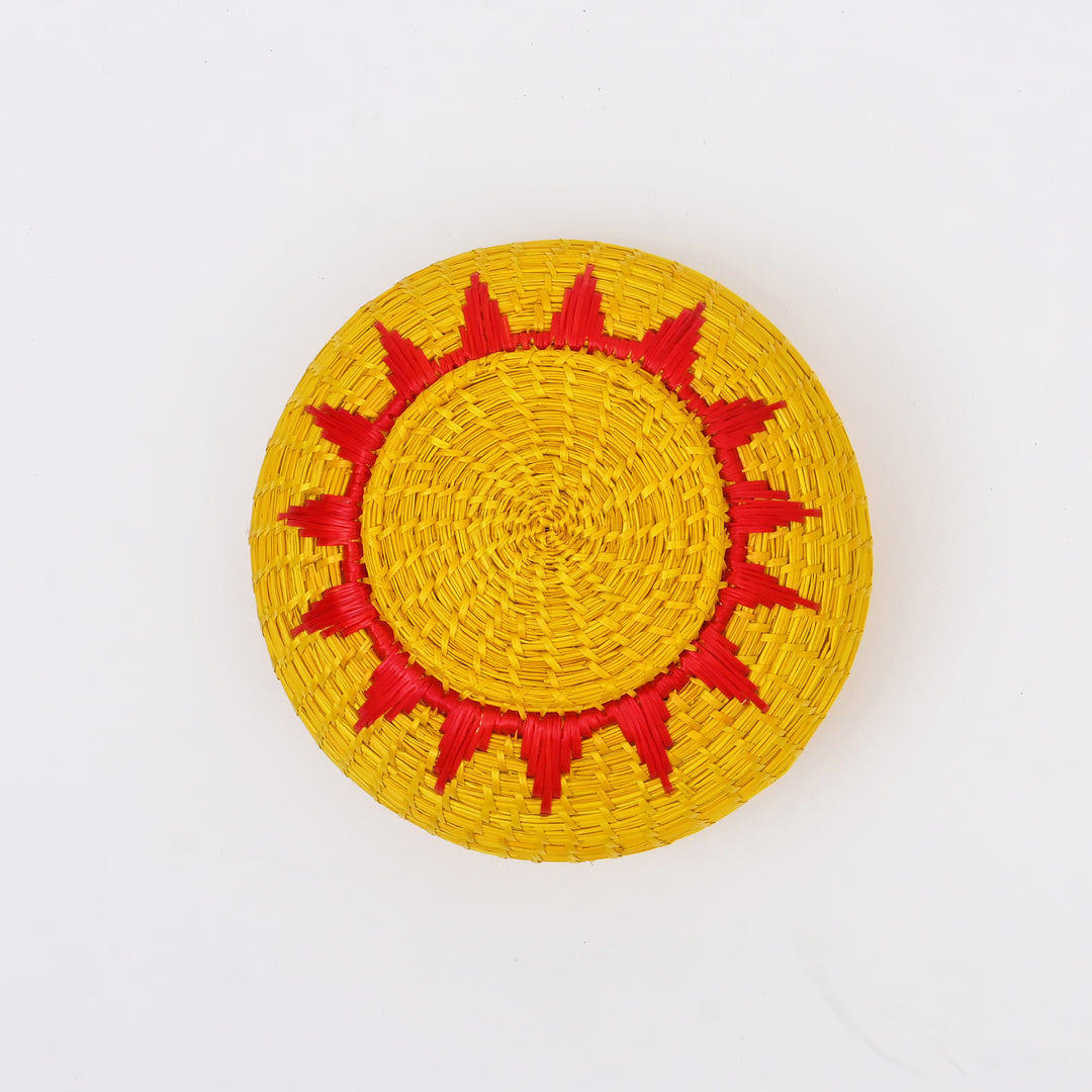 Handcrafted Sikki Grass Box | Golden Yellow with Red Flame Design