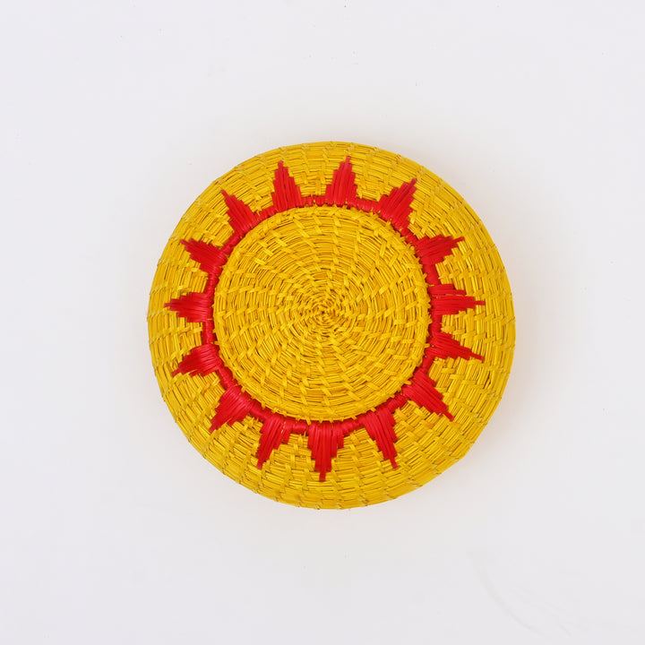 Handcrafted Sikki Grass Box | Golden Yellow with Red Flame Design