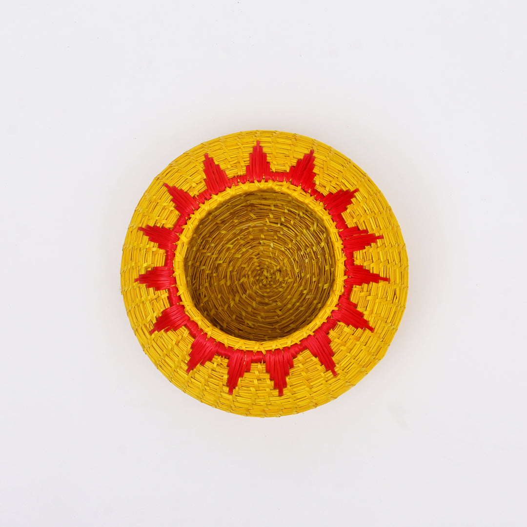 Handcrafted Sikki Grass Box | Golden Yellow with Red Flame Design