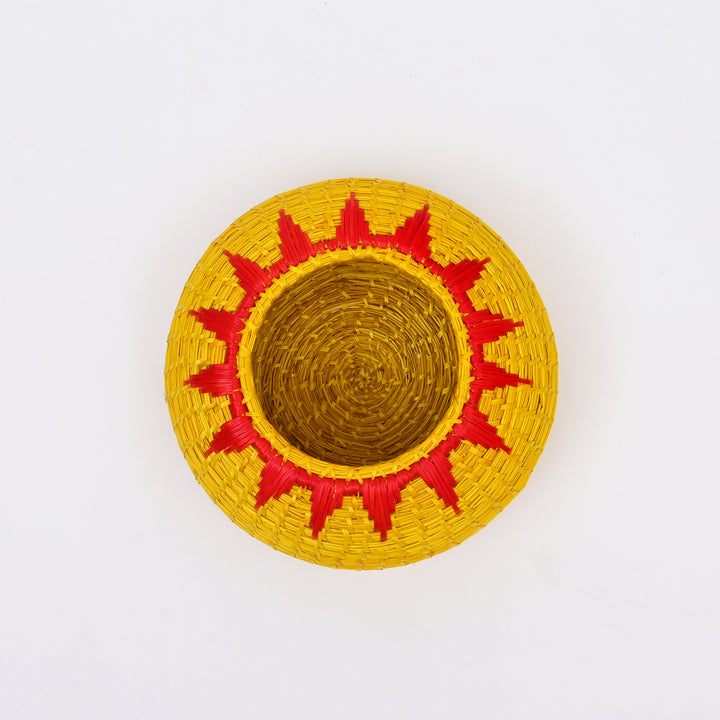 Handcrafted Sikki Grass Box | Golden Yellow with Red Flame Design