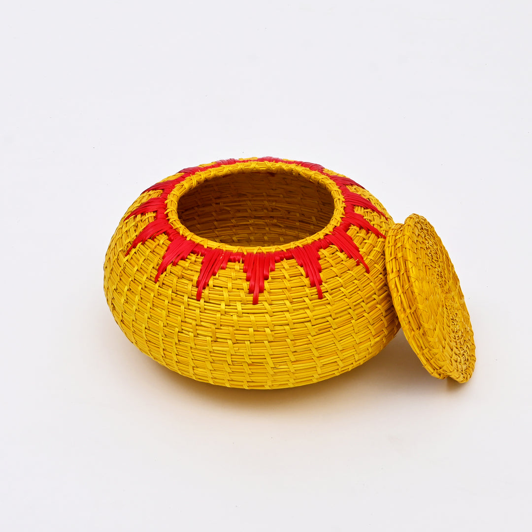 Handcrafted Sikki Grass Box | Golden Yellow with Red Flame Design