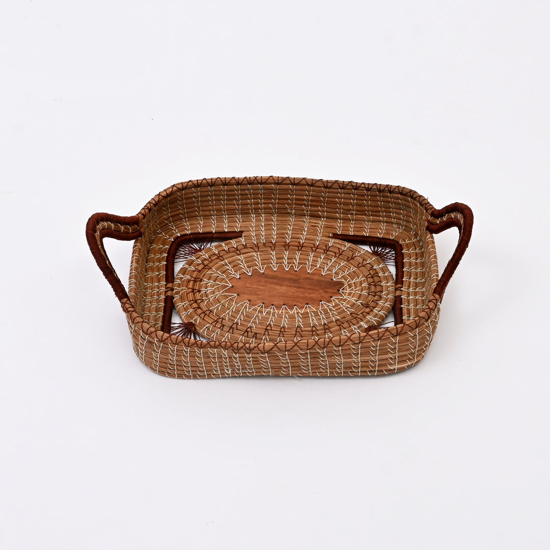 Pine Needle Fruit Basket | Handcrafted Wood Base Natural Basket