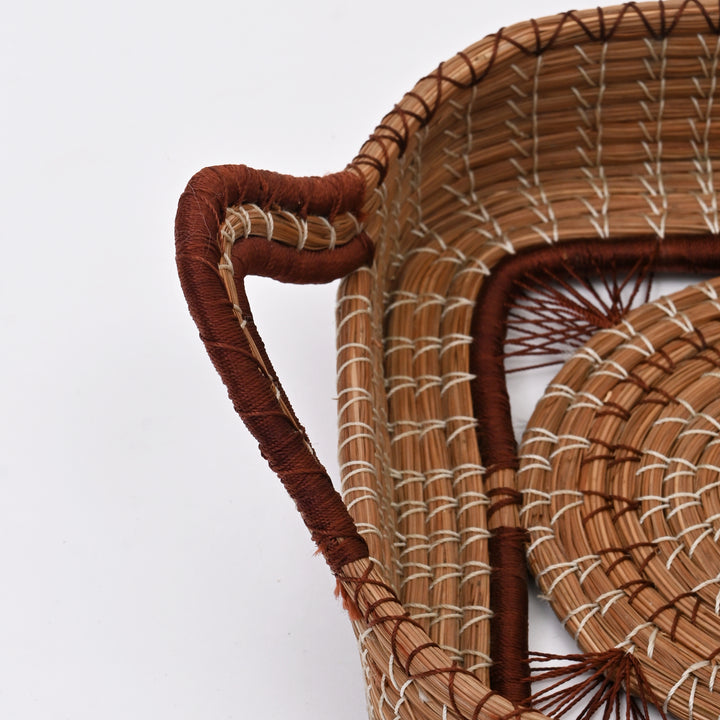 Pine Needle Fruit Basket | Handcrafted Wood Base Natural Basket