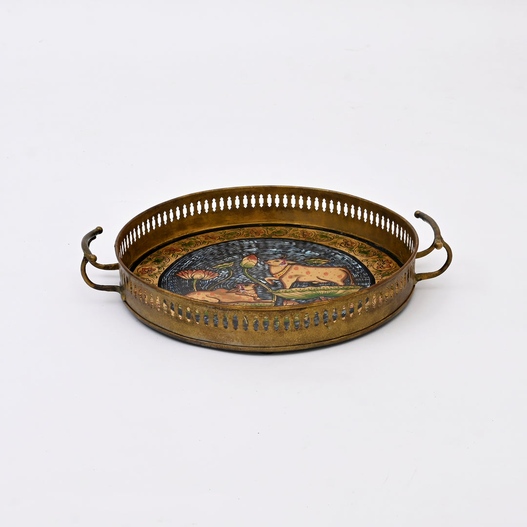 Traditional Iron Pichwai Tray | Handcrafted Circular Serving Tray Cow Lotus