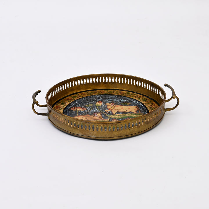 Traditional Iron Pichwai Tray | Handcrafted Circular Serving Tray Cow Lotus