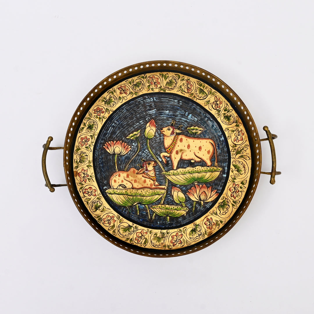 Traditional Iron Pichwai Tray | Handcrafted Circular Serving Tray Cow Lotus