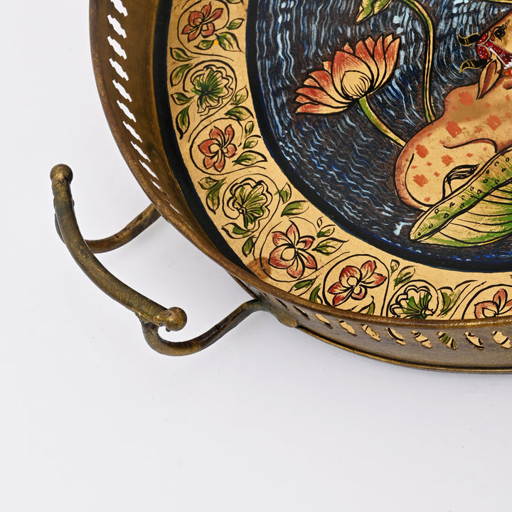 Traditional Iron Pichwai Tray | Handcrafted Circular Serving Tray Cow Lotus