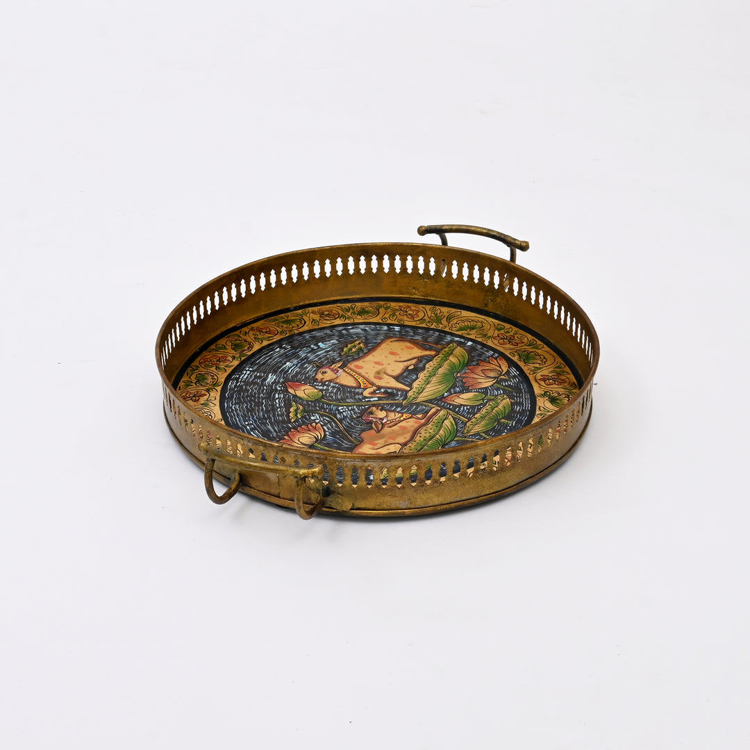 Traditional Iron Pichwai Tray | Handcrafted Circular Serving Tray Cow Lotus