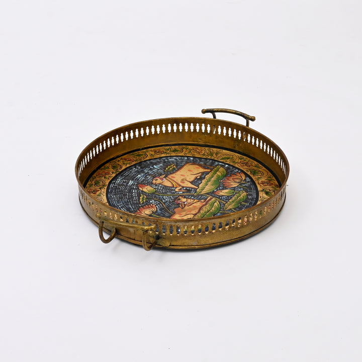 Traditional Iron Pichwai Tray | Handcrafted Circular Serving Tray Cow Lotus