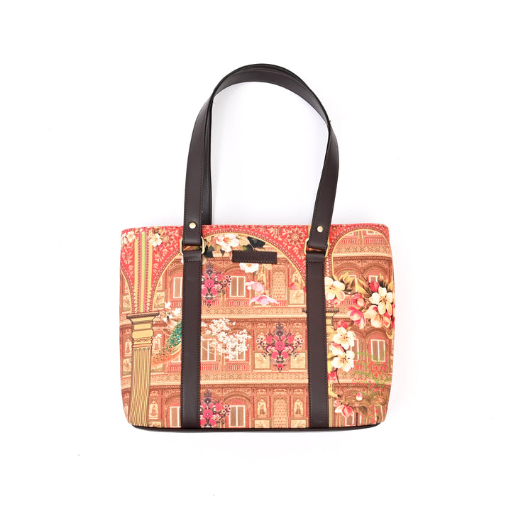 Shekhawati Haveli Print Handbag | Brown Vegan Leather 16.5"