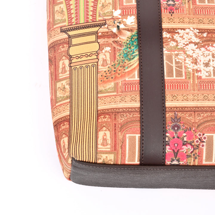 Shekhawati Haveli Print Handbag | Brown Vegan Leather 16.5"