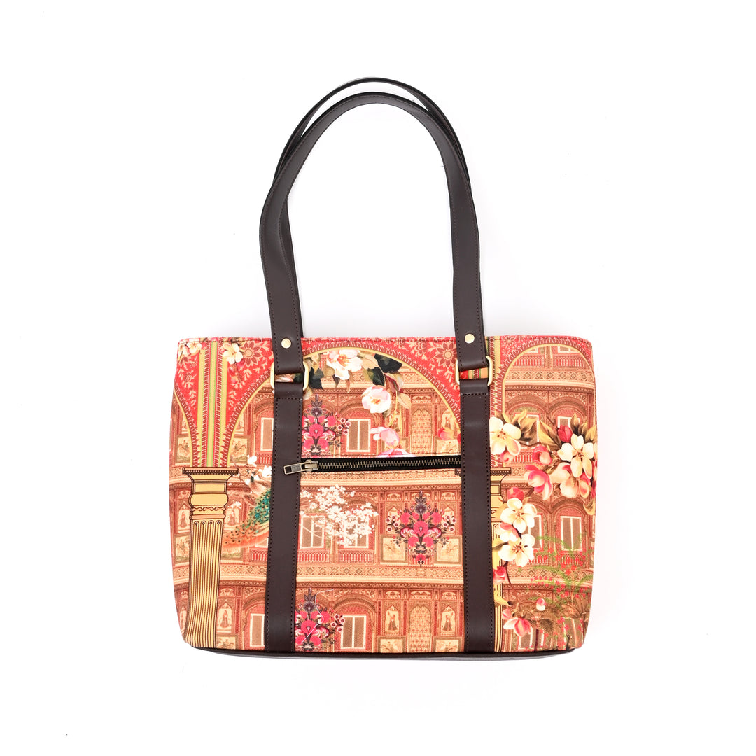 Shekhawati Haveli Print Handbag | Brown Vegan Leather 16.5"