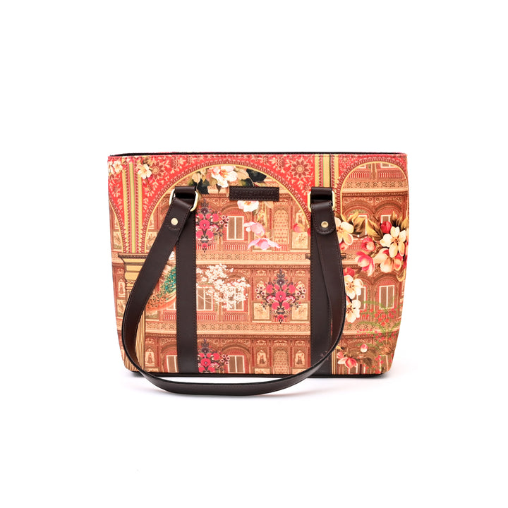 Shekhawati Haveli Print Handbag | Brown Vegan Leather 16.5"