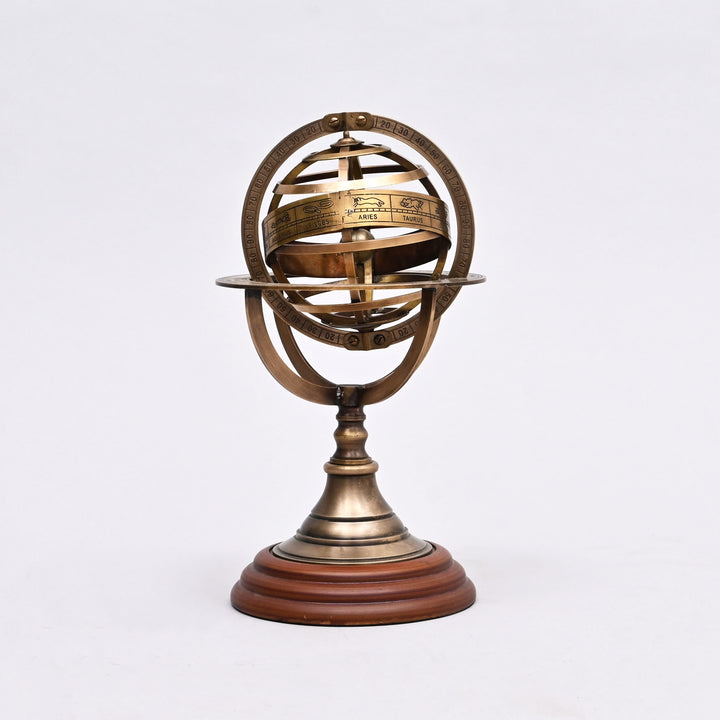 Decorative 4" Brass Armillary Sphere with Wood Base for Desk or Shelf Display