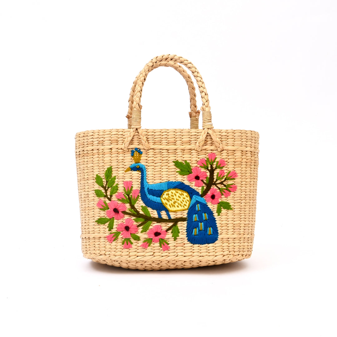 Embroidered Water Reed Handbag | Handwoven Reed Tote with Traditional Motifs