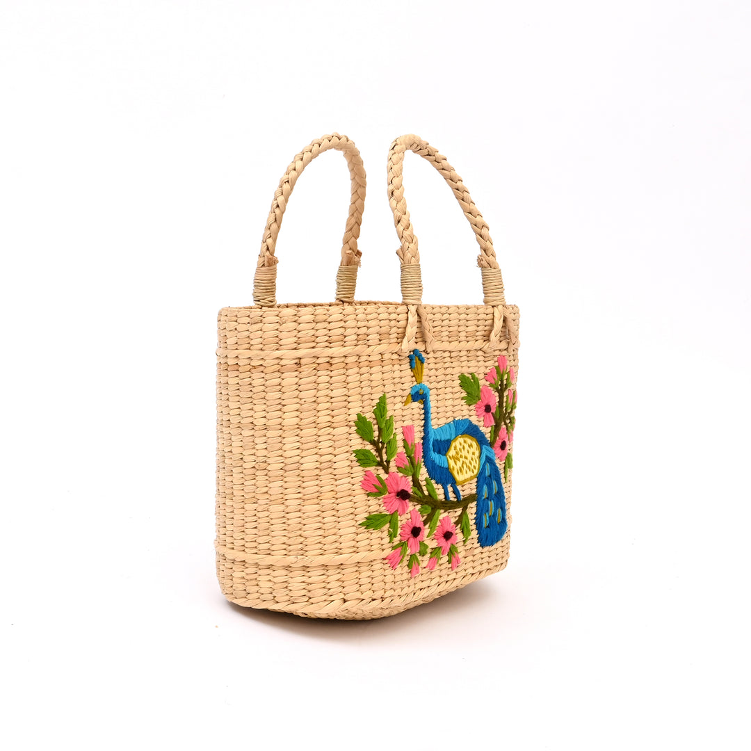 Embroidered Water Reed Handbag | Handwoven Reed Tote with Traditional Motifs