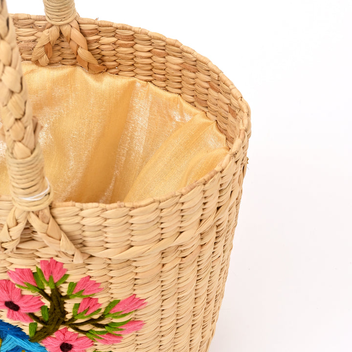 Embroidered Water Reed Handbag | Handwoven Reed Tote with Traditional Motifs