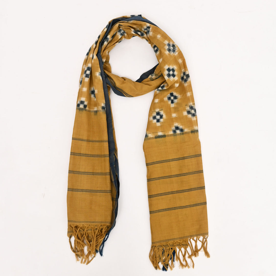 Handwoven Double Ikat Cotton Dupatta | Natural Dyes, Yellow, 98X36"