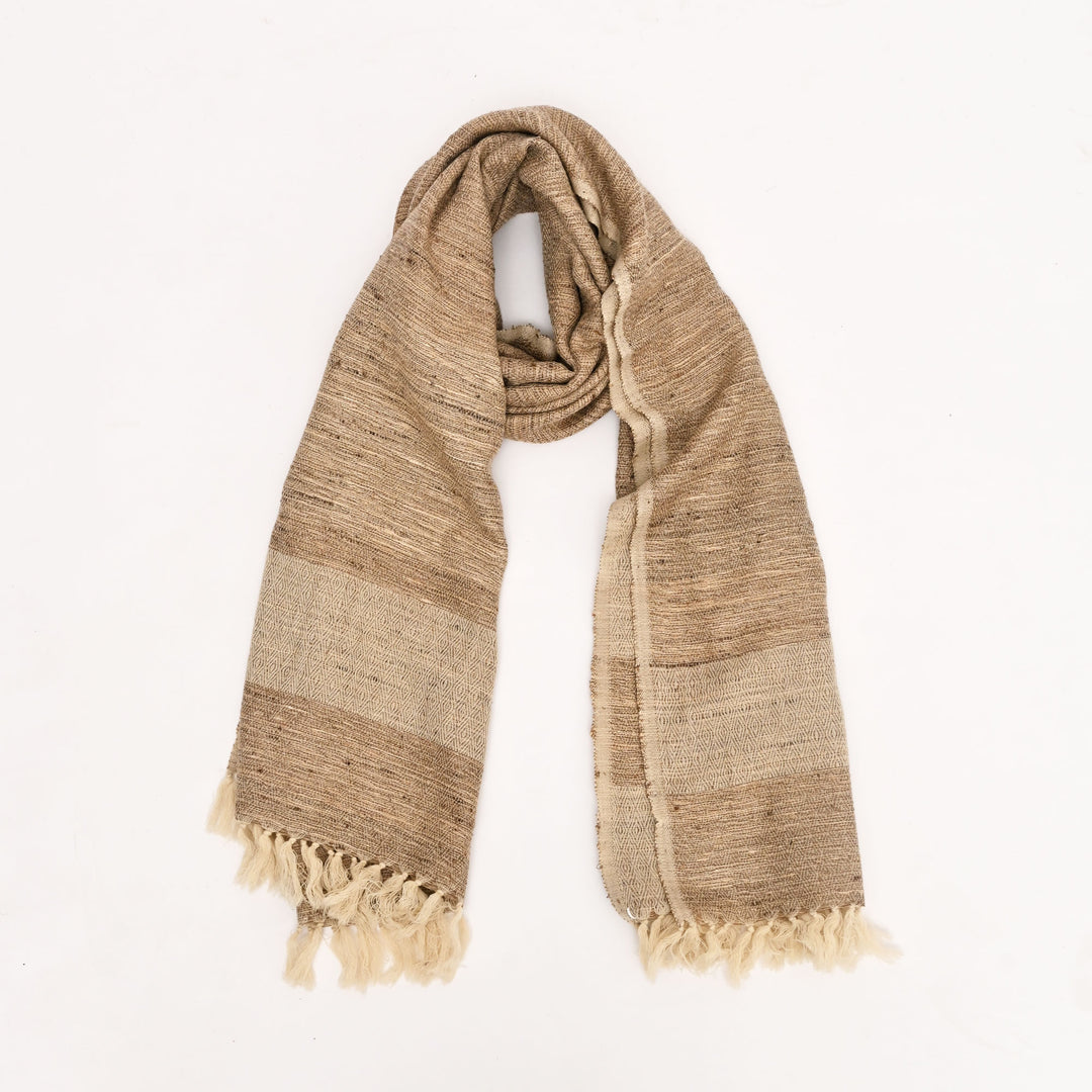 Handwoven Tasar Silk Wool Shawl | Beige, 90"x39"