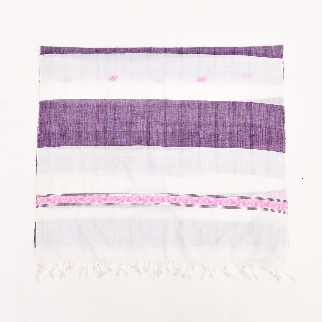 Handcrafted Cotton Stole | White & Purple Traditional Motifs (73"x20.5")