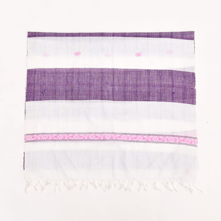 Handcrafted Cotton Stole | White & Purple Traditional Motifs (73"x20.5")