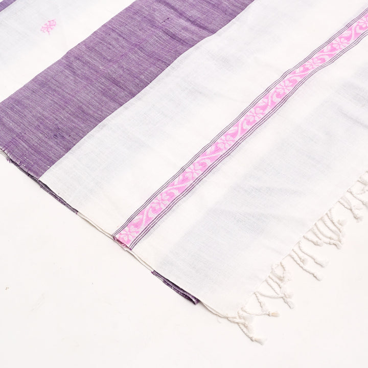 Handcrafted Cotton Stole | White & Purple Traditional Motifs (73"x20.5")