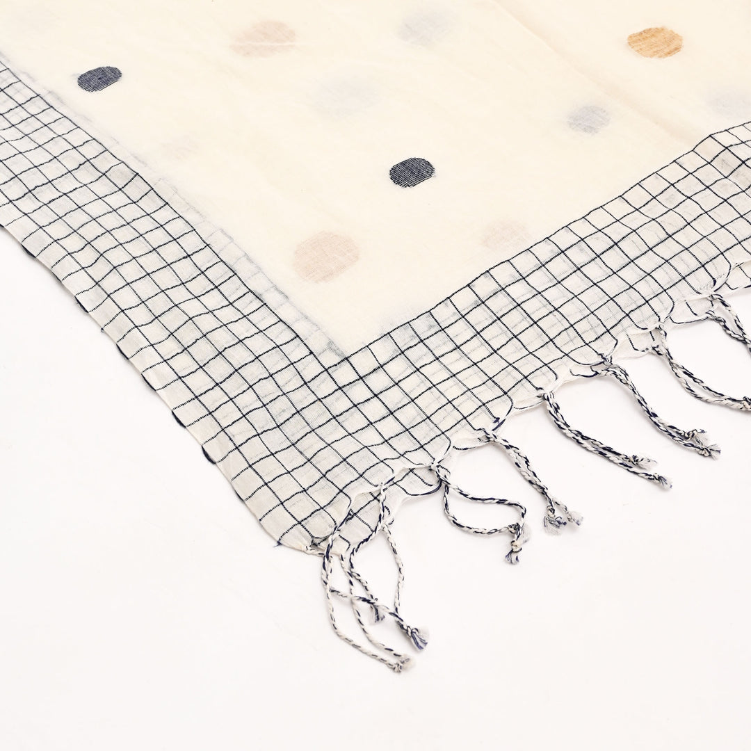 Cotton CK Ball Stole | White Blue Dotted Wrap 66"x20.5"